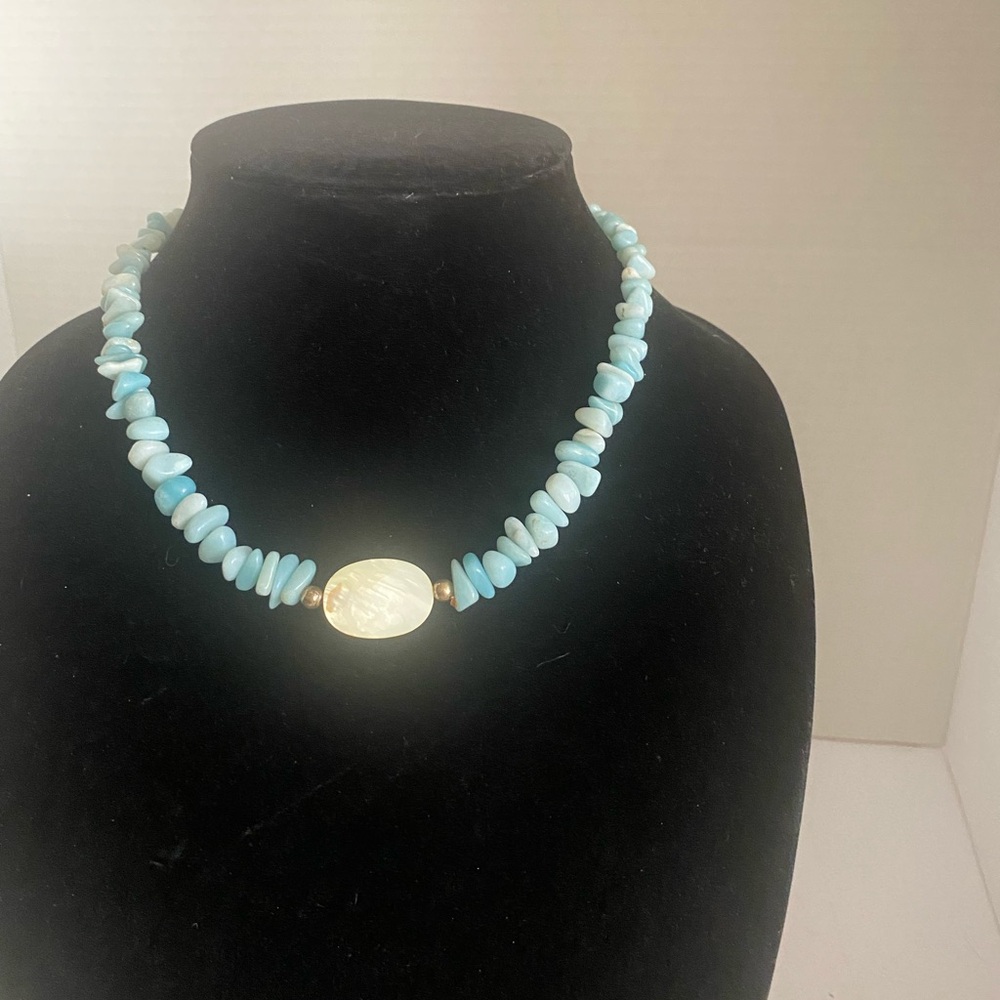 💍💎 SALE Larimar Stone Beaded Necklace with Opalite Center Stone